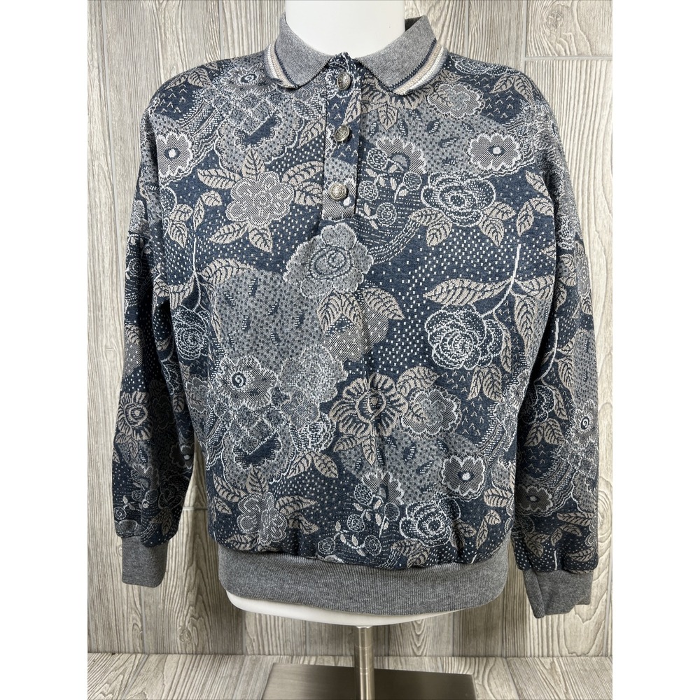 Vintage Season Ticket‎ Collared Blue Floral Long Sleeve Sweater Womens SZ L